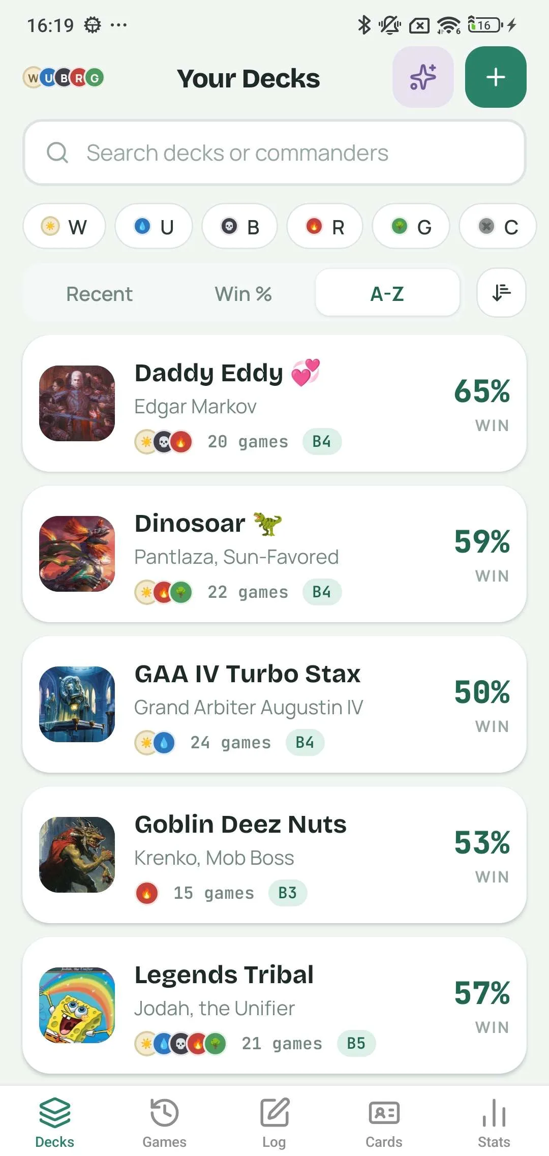 WUBRG on-device Commander deck and recent game overview