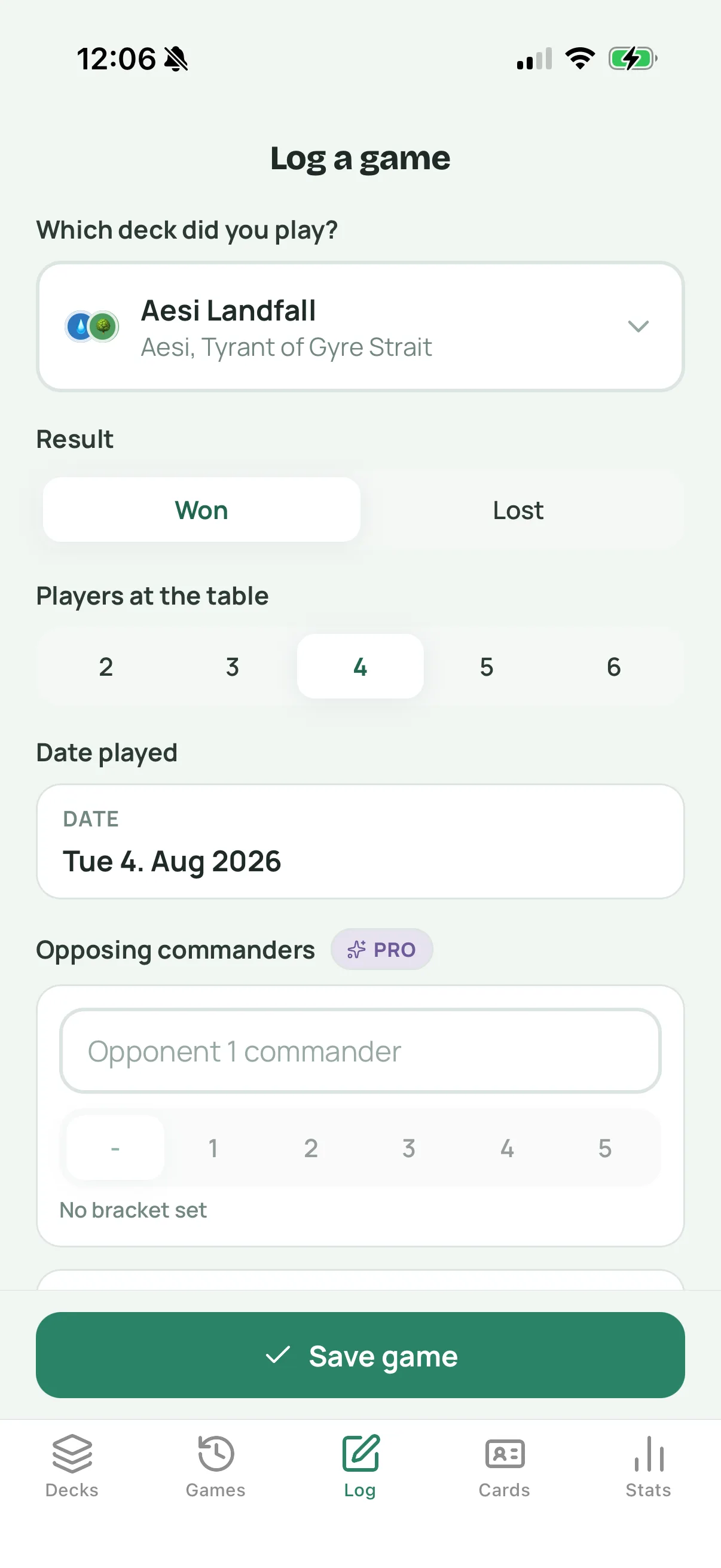 WUBRG completed Commander game logging screen